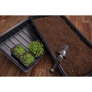 Tacki do rozsady z ziemią i młodymi roślinami, w zestawie z łopatką. Pomoc ogrodnicza.