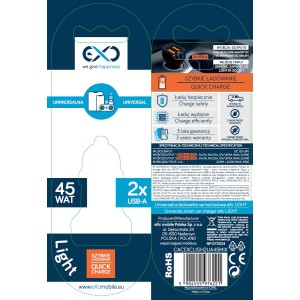 eXc Light ładowarka samochodowa z 2 portami USB-A do ładowania akcesoriów do telefonów komórkowych.