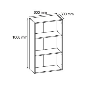 Rysunek techniczny regału/szafki do przechowywania z trzema przegródkami i wymiarami.