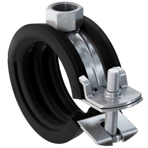 Obejma rurowa z gumową wkładką i gwintowanym przyłączem do kanałów.