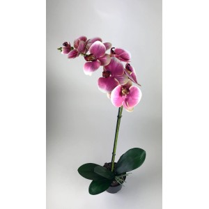 Dekoracyjny sztuczny storczyk z różowo-białymi kwiatami w doniczce.