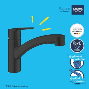 Czarna bateria kuchenna Grohe QuickFix Start. Jednouchwytowa bateria ze spłaszczoną wylewką i wyciąganą podwójną wylewką.