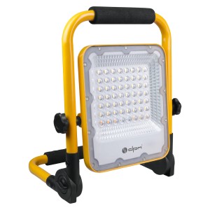 Żółty reflektor LED z uchwytem i regulowaną podstawą.