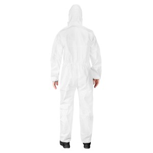 Biały kombinezon ochronny t.b.t. do pracy, widok z tyłu.