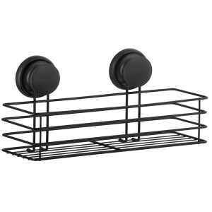 Czarny koszyk na akcesoria łazienkowe do montażu na ścianie z przyssawkami.