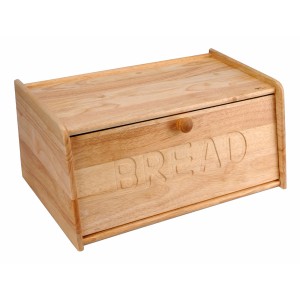 Drewniany chlebak z napisem "BREAD", akcesorium kuchenne.