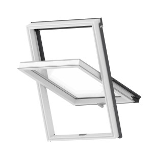 Otwarte, białe okno dachowe t.b.t. z czarną ramą.