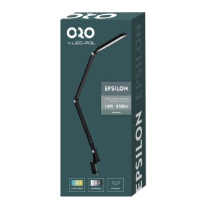 Czarna lampka biurkowa LED z klipsem w opakowaniu produktu.