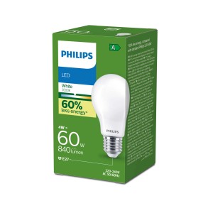 Żarówka LED Philips E27, 4W, ciepła biel, na opakowaniu. Energooszczędna żarówka LED do standardowego gniazda E27.