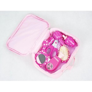 Różowa zabawka torba fryzjerska z suszarką, szczotką, lustrem i nożyczkami dla dzieci.