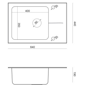 Rysunek techniczny: Zlewozmywak ze stali nierdzewnej t.b.t. z wymiarami.