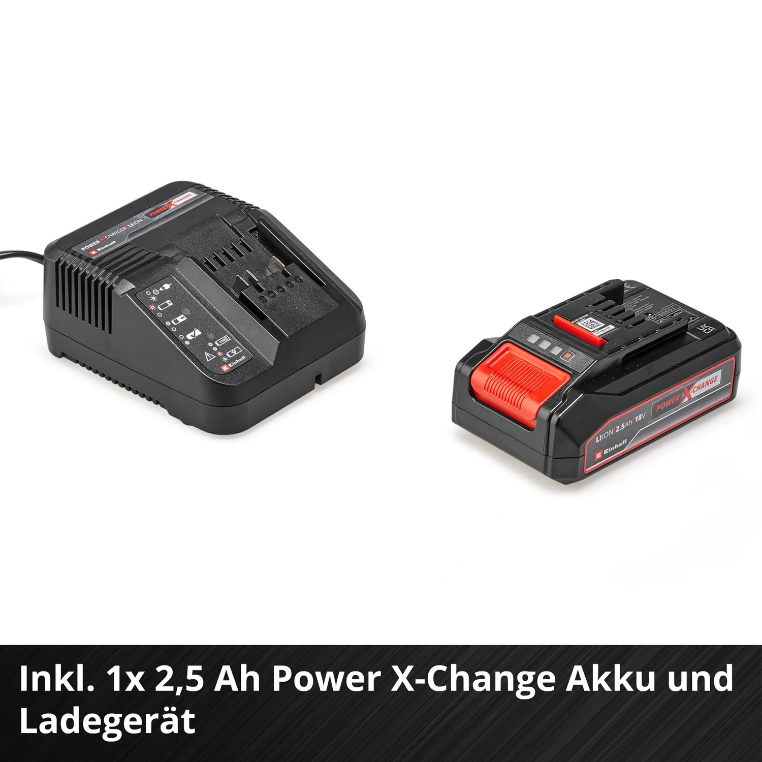 Akumulatorowe nożyce do żywopłotu Einhell: akumulator 18V (2,5 Ah) z ładowarką, system Power X-Change, czerwono-czarne.