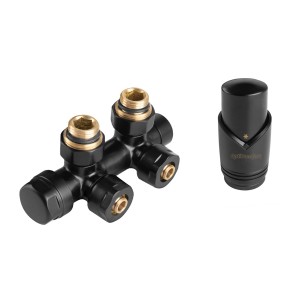 Czarny zestaw instalacji grzewczej z głowicą termostatyczną i rozdzielaczem.