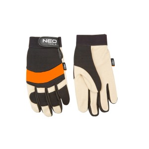 Rękawice robocze t.b.t. w kolorze beżowym, czarnym i pomarańczowym.