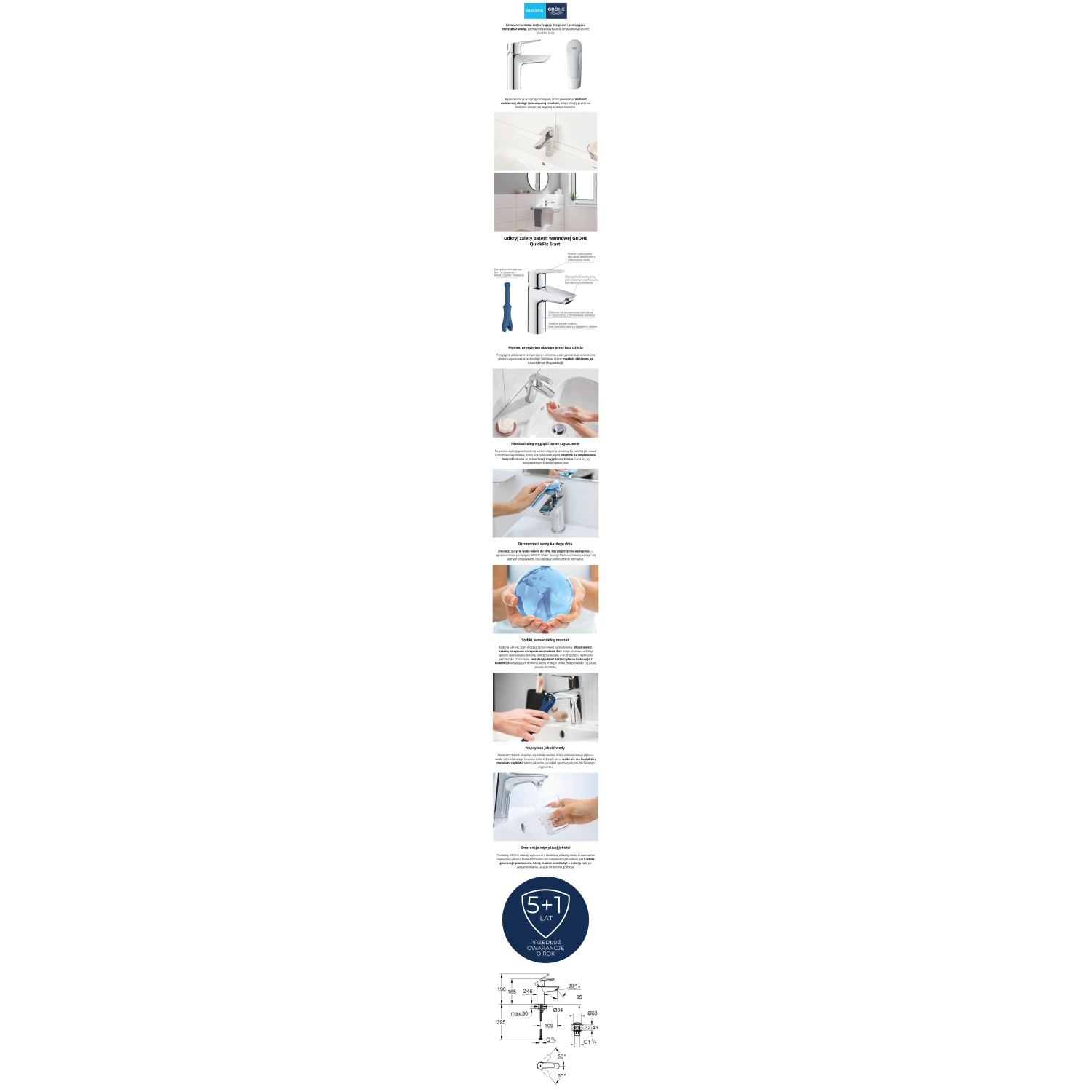 Bateria umywalkowa Grohe QuickFix Start S-Size z zestawem odpływowym, instrukcja montażu i pielęgnacji.