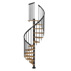 Czarne schody spiralne z drewnianymi stopniami do wnętrz.