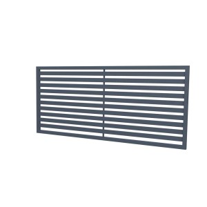 Szary metalowy panel ogrodzeniowy t.b.t. z poziomymi prętami do ogrodu.