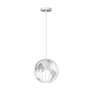 Biała lampa wisząca w kształcie kuli ziemskiej. Nowoczesna lampa do salonu.