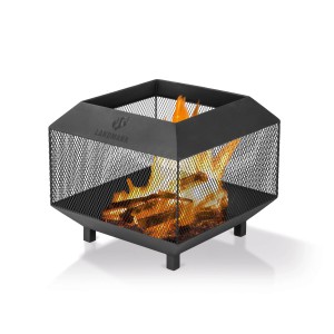 Czarne palenisko Landmann FP-I-440-BKXX z ogniem i siatkowym zabezpieczeniem przed iskrami.