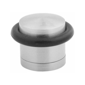 Srebrny odbojnik do drzwi z czarnym gumowym pierścieniem ochronnym.