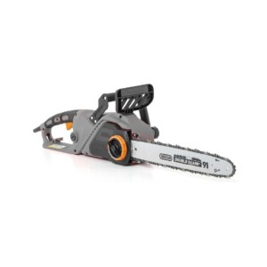 Szara elektryczna piła łańcuchowa z prowadnicą Oregon do obróbki drewna.