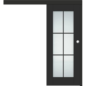 Czarne szklane drzwi przesuwne z 6 panelami i uchwytem. Idealne do nowoczesnych wnętrz.