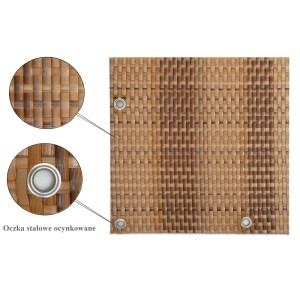 Zbliżenie brązowej maty ogrodzeniowej t.b.t. z metalowymi oczkami.