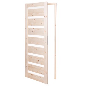 Jasne drewniane drzwi z poziomymi wstawkami szklanymi i ościeżnicą. Drzwi wewnętrzne.