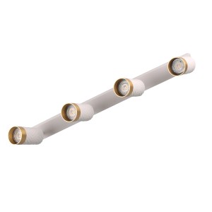 Biała listwa oświetleniowa LED t.b.t. z czterema złotymi oprawkami.