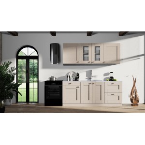 Jasny zestaw mebli kuchennych t.b.t z szafkami wiszącymi, zlewem i czarnym piekarnikiem do zabudowy.