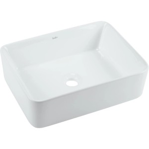 Prostokątna umywalka nablatowa w kolorze białym.