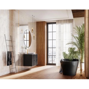 Nowoczesna łazienka z elementami dekoracyjnymi, czarną szafką umywalkową i wanną wolnostojącą.