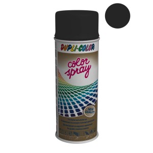 Czarny spray kolorowy Dupli-Color do użytku wewnątrz i na zewnątrz.