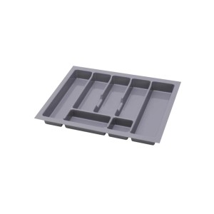 Szary wkład do szuflady na akcesoria kuchenne t.b.t. z przegródkami na sztućce i przybory kuchenne.