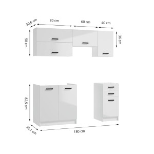 Biały zestaw mebli kuchennych z szafkami wiszącymi i stojącymi, z zaznaczonymi wymiarami.