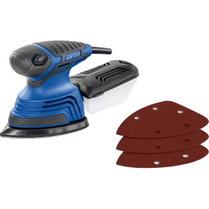 Szlifierka wielofunkcyjna LUX E-MUS-21 z pojemnikiem na pył i arkuszami ściernymi.