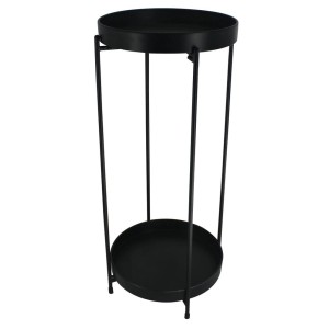 Czarny metalowy stojak na kwiaty t.b.t. z dwiema półkami.