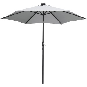 Szary parasol Wando Ø 270 cm z korbą, oświetlenie LED do ogrodu i na taras.