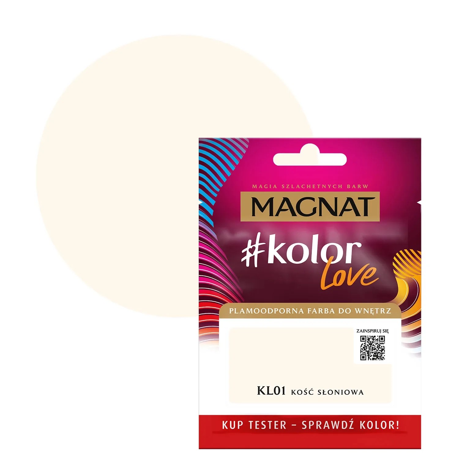 Próbka koloru i tester farby Magnat #kolorLove KL01 Kość Słoniowa do ścian wewnętrznych.