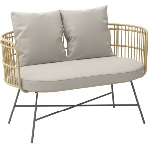 Sofa lounge Hillston, 2-osobowa z naturalnego polyrattanu z beżowymi poduszkami.