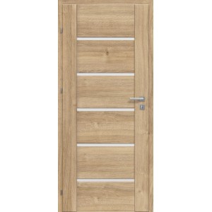 Jasne drewniane drzwi wewnętrzne z pięcioma poziomymi białymi paskami.