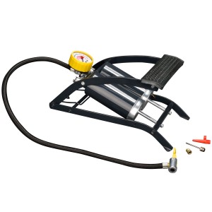 Pompka nożna CMI z podwójnym cylindrem, manometrem i adapterami do samochodu, roweru i piłek.