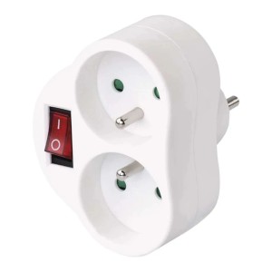 Biały rozgałęźnik t.b.t. z dwoma gniazdami i włącznikiem.