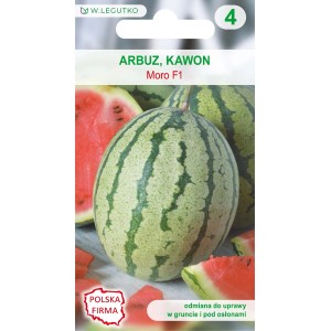 Opakowanie nasion arbuza 'Moro F1', zielony owoc z czerwonymi plasterkami.