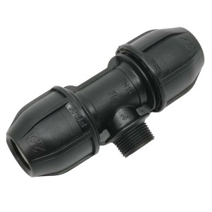 Czarny trójnik do nawadniania podziemnego, 25 mm, z gwintem 3/4 cala.