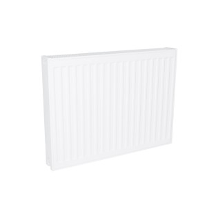 Biały grzejnik panelowy do montażu na ścianie.