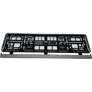 Czarna/szara ramka tablicy rejestracyjnej do łatwego montażu.