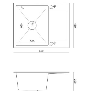 Szkic zlewozmywaka ze stali nierdzewnej z wymiarami