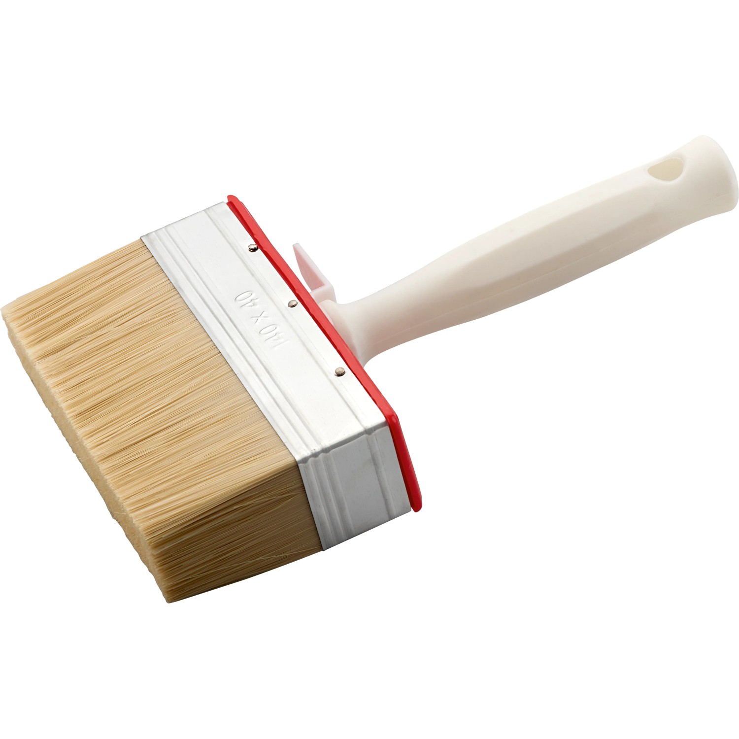 Pędzel płaski 140 mm z jasnym włosiem i białym uchwytem z otworem do zawieszania.
