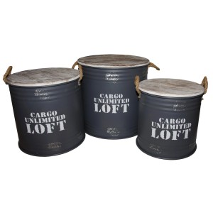 Zestaw 3 szarych stołków ogrodowych z drewnianymi pokrywami i uchwytami z liny, nadruk "Cargo Unlimited Loft".